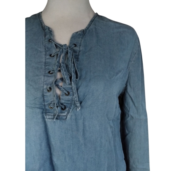 Thread & Supply Lace Up Chambray Long Sleeve Blouse Top Size Small - Picture 3 of 8